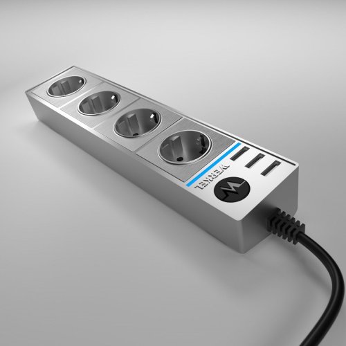 Удлинитель с заземлением Werkel 4-м+3USB тип А 1,7м 16А 3500Вт серебряный/серебряный рифленый картинка 